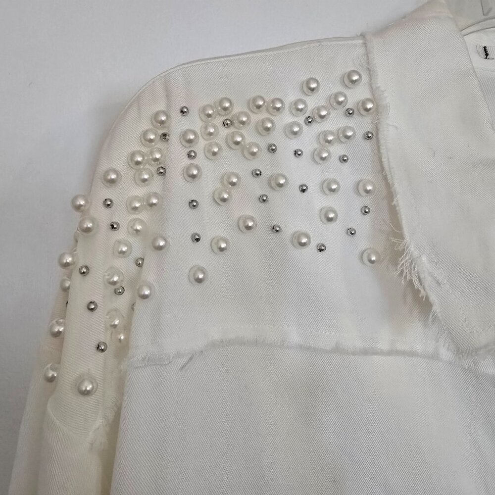 NWT Willow & Clay White Pearl Ebellished Denim Shirt Shacket LS Size Small - Picture 3 of 16